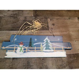 Wooden Snowman snow tree farm fence sign hay xmas decor
